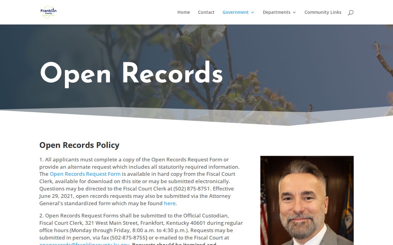 Franklin County release record and booking photo request page