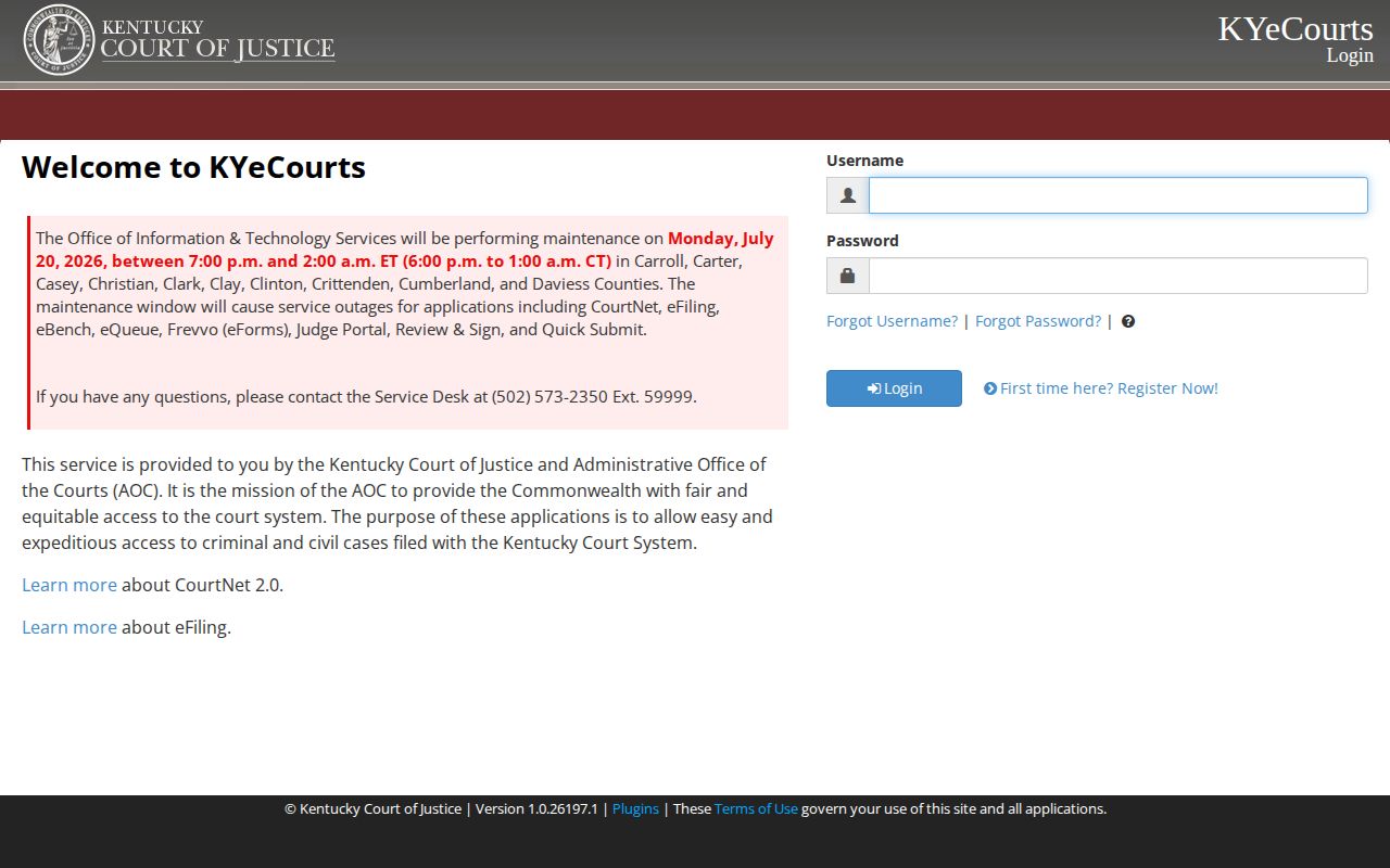 Kentucky CourtNet search for Franklin County release court records