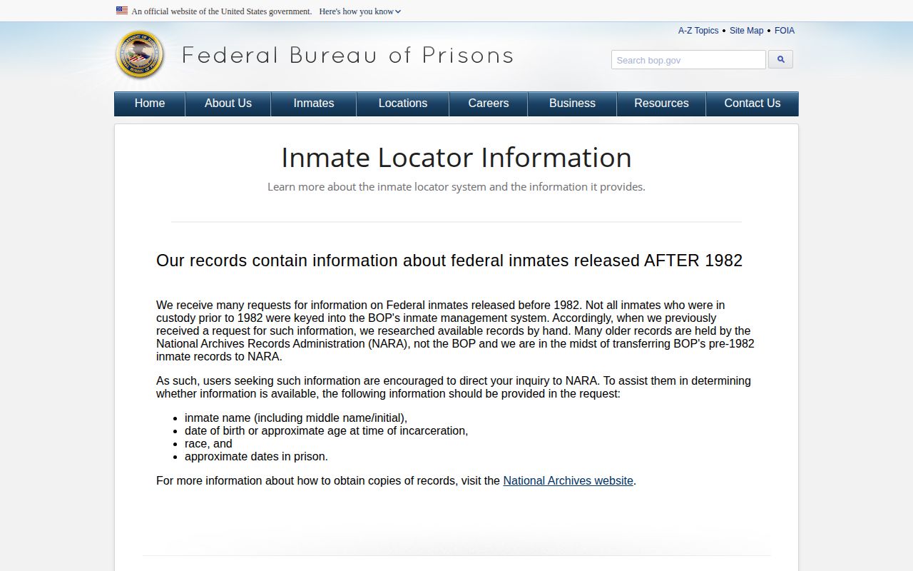 Federal BOP release result meaning for a Franklin County inmate search